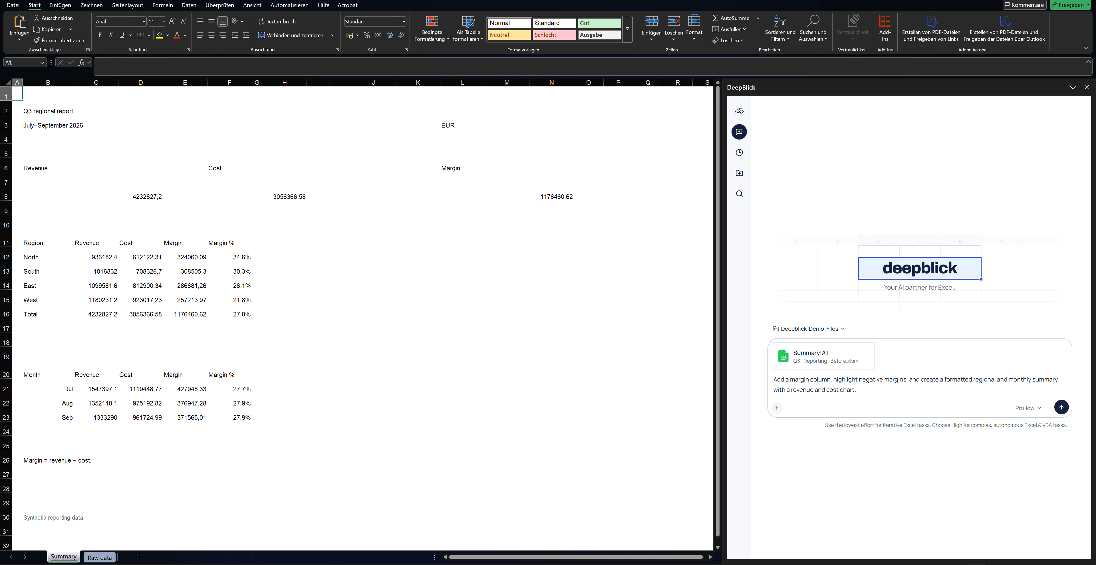 Prepared demonstration, before formatting: a native Excel Q3 regional report with synthetic revenue, cost and margin data.