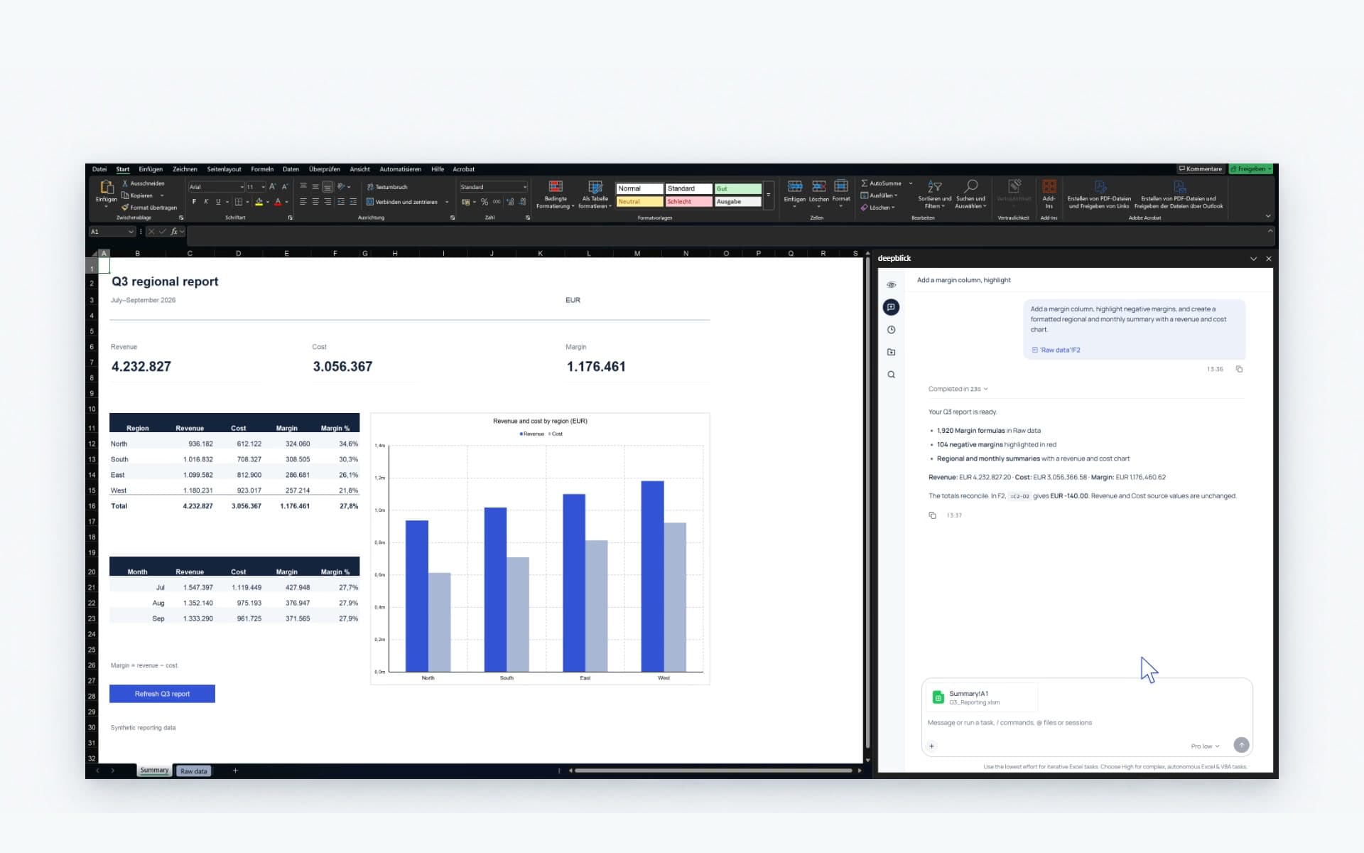 Prepared Excel demonstration: a formatted report and chart beside the Deepblick task pane.